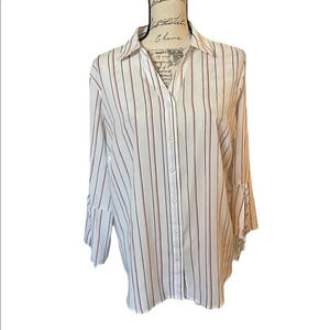 Roz & Ali white with pink/black pin stripes bell sleeve button down top size 1X